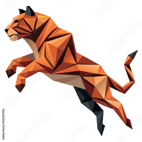 Geometric Tiger Illustration Leaping Feline with Polygonal Design on Isolated Background