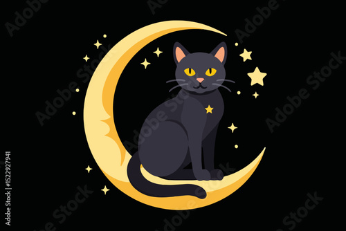 Black Cat on Crescent Moon Illustration - Cute Feline with Yellow Eyes and Star - Night Sky with Stars Vector Graphic - Halloween and Whimsical Art Decor