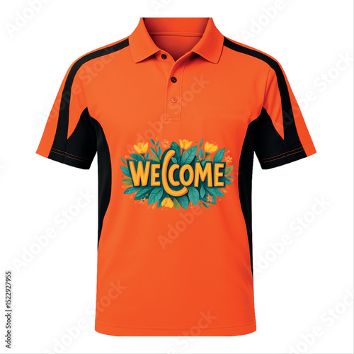 Orange polo shirt design with welcome floral graphic for hospitality or business