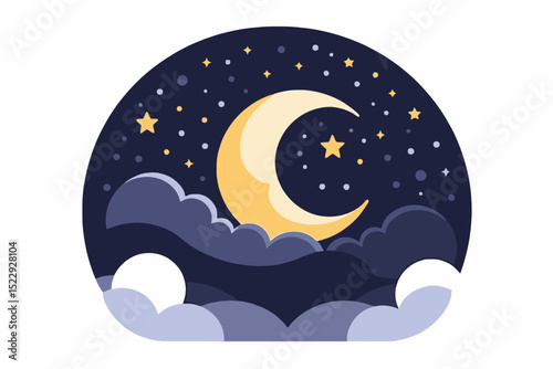 Cartoon Crescent Moon and Stars in Night Sky with Clouds Illustration- Celestial Theme Artwork- Nighttime Scene for Kids and Adults- Digital Art for Wallpaper or Print Design