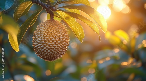 Durian fruit on tree at sunset