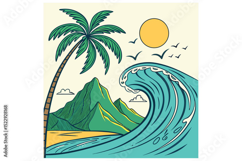 Tropical island vector illustration with palm trees on a sunny beach, an exotic summer paradise landscape