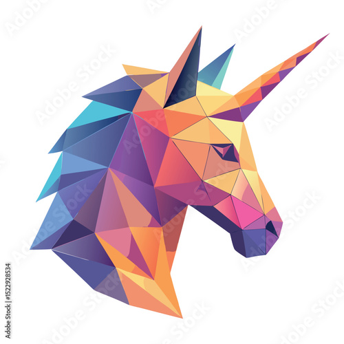 Geometric Unicorn Head Graphic Illustration with Vibrant Multicolor Triangles on a White Background