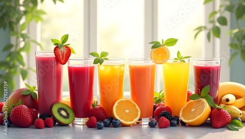 Fresh fruit smoothies in various vibrant colors