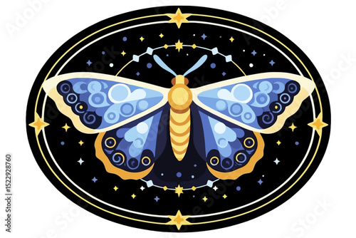 Celestial Moth Illustration-Blue & Gold Wings-Magical Night Sky-Oval Design with Stars-Enchanting Butterfly Artwork-Unique Insect Art-Cosmic Creature Graphic