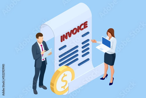 Isometric Mobile invoice payment concept.Secure online billing, payment, and business deals Digital financial services icon coins for banking and e-commerce design. Statements Software
