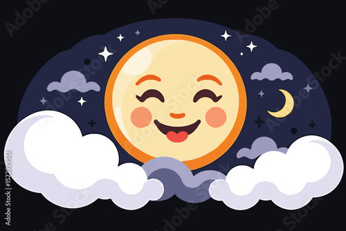 Cute Moon Cartoon Illustration Smiling Face among Stars and Clouds at Night-Happy Celestial Body Vector Graphic for Kids and Design Projects