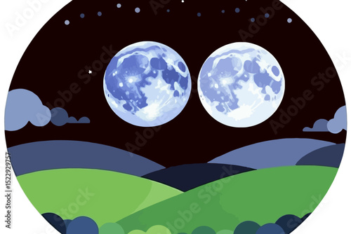 Double Moon Over Green Hills Illustration- Night Sky with Two Full Moons and Clouds- Whimsical Landscape Vector Art Design for Wallpaper or Print