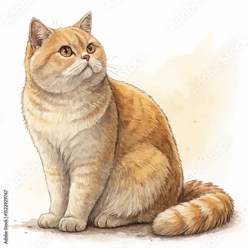 Ginger British shorthair cat with a curious mood sitting against a painterly background [with copy space]
