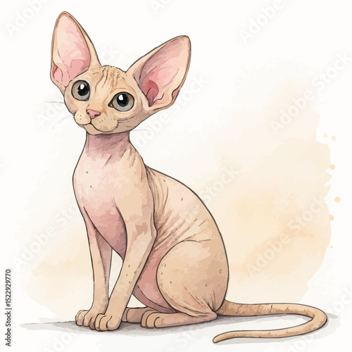 Sphynx cat with a calm mood sitting against a soft watercolor wash background [with copy space]
