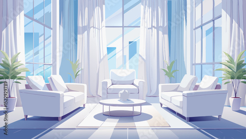 A serene white living room, bathed in soft daylight, features white leather armchairs and sheer curtains. Clean lines, minimal furniture, and tranquility create a perfect modern white elegance.

