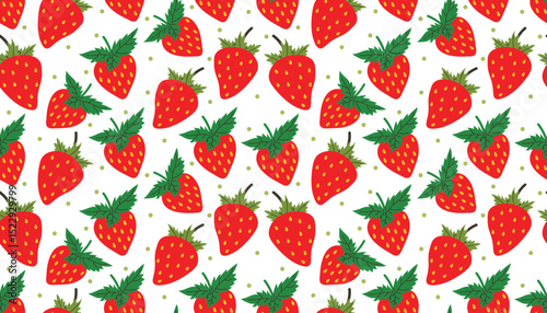 Juicy cartoon strawberries with cute little dots repeat in this seamless design.