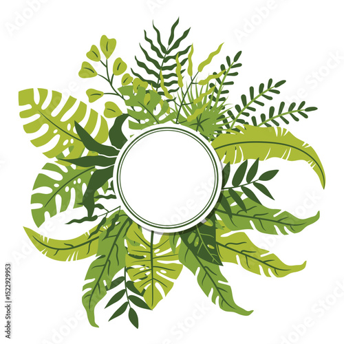 A round single frame made of lush tropical palm and monstera leaves in flat cartoon style.