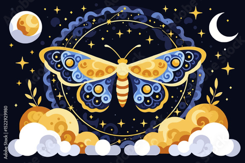 Dreamy Moth Illustration- Celestial Butterfly Art with Moon and Stars- Whimsical Night Sky Scene- Decorative Insect Image- Bohemian Style Design- Magical Atmosphere