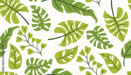 Seamless pattern with tropical palm and monstera leaves in flat cartoon style.