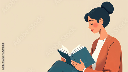 Young woman reading a book with a thoughtful expression in a minimalistic and elegant setting with copy space