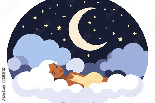 Dreamy Sleep Illustration - Woman Asleep on Clouds Under Moonlit Sky - Peaceful Nighttime Scene with Stars and Crescent Moon - Perfect for Relaxation Themes