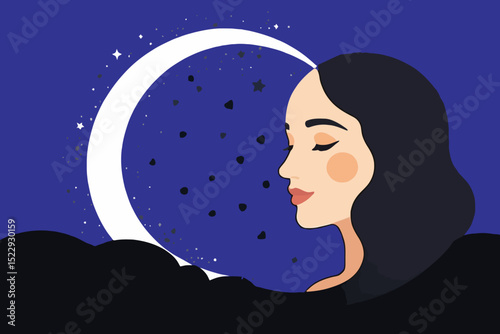 Dreamy Woman with Crescent Moon and Stars Illustration - Serene Night Scene Art - Woman Sleeping Under Starry Sky - Vector Artwork for Relaxation and Dreamscapes