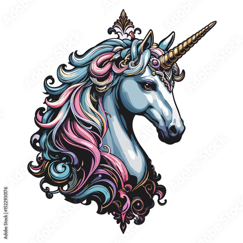 Magical unicorn print with colorful hair for a t-shirt design on a white background
