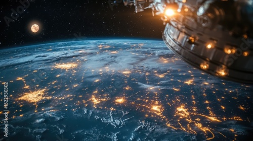 Earth seen from space, orbiting space station, city lights, moon, stars, science fiction, visual