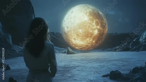 Woman gazing at a giant moon in a surreal landscape, evoking wonder and tranquility at night
