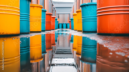 Brightly colored barrels reflect in a water puddle between rows of storage containers in an industrial setting.