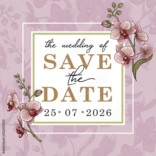 Vintage vector illustration with orchid flowers on changeable background. Floral design template for wedding invitation, greeting card, notebook cover, flyer or certificate.