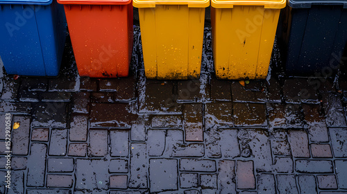 Colorful recycling bins stand in a row on wet pavement during rainy weather.