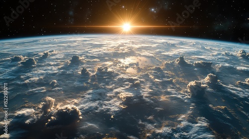 Earth sunrise from space, cloudy atmosphere