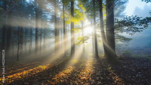 Sunlight filters through trees in a misty forest, creating a serene atmosphere at dawn