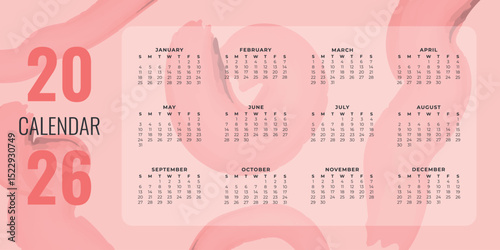 Calendar for the whole year 2026 with soft watercolor elements. All months on one page. Perfect for printing, interior decoration, planning, gifts and crafts. Vector illustration
