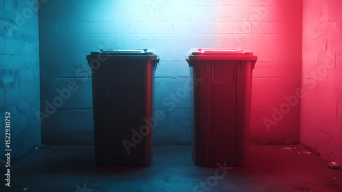 Two garbage bins stand side by side against a wall, illuminated by contrasting blue and red lighting in a gritty, urban setting.