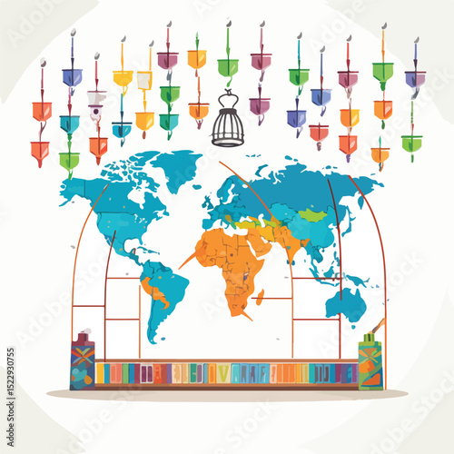 Detailed World Map Hanging in Classroom for Geographic Studies and Educational Purposes