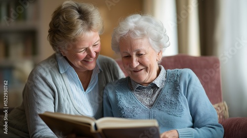 Two women sharing happy memories together, with a photo album