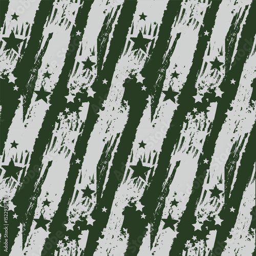 Seamless grunge camouflage pattern with diagonal stripes and star elements in army green and black. Distressed military-style texture for apparel, backgrounds, or tactical design projects.
