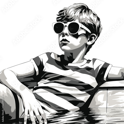 Professional Vector Illustration of Boy in Classic Black and White Swim Suit