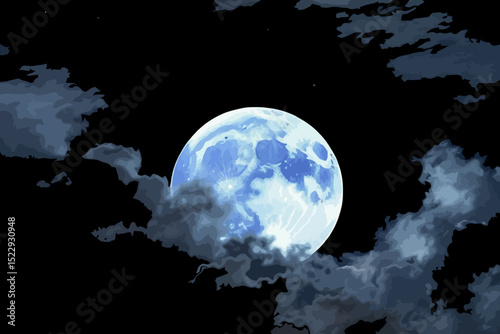 Full Blue Moon Shining Brightly - Night Sky with Clouds and Stars - Beautiful Lunar Landscape - Moon Photography - Celestial View