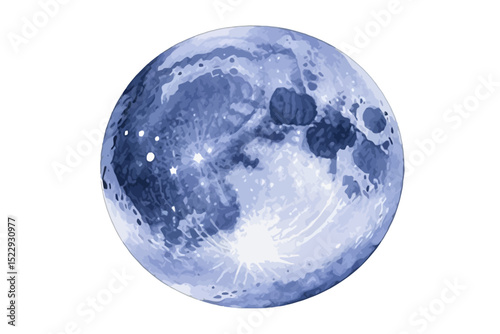 Full Blue Moon Watercolor Illustration-Detailed Lunar Surface Art-Celestial Body Isolated on White Background-Astronomy Image