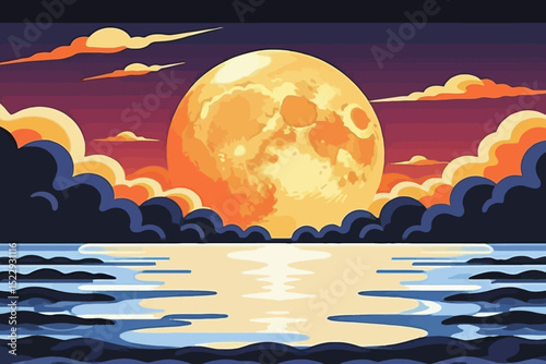 Full Moon Over Calm Water Landscape Illustration - Orange Moon Reflection on the Sea - Vector Art with Clouds and Sky - Serene Night Scene Painting