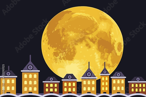 Full Moon Over Cityscape Vector Illustration - Night Scene with Yellow Moon and Cartoon Buildings - Urban Landscape at Nightfall - Perfect for Backgrounds