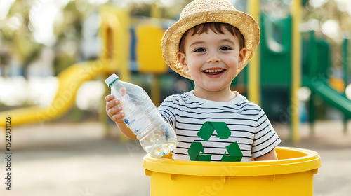 A young child wearing a straw hat smiles while holding a plastic bottle in a recycling bin at a playground.