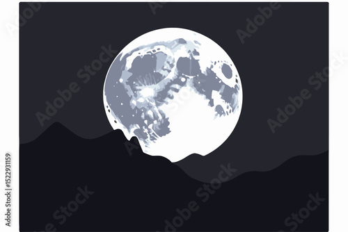 Full Moon over Dark Mountain Landscape Illustration- Night Sky Scenery with Bright Moon- Vector Art for Backgrounds and Designs- Moonlit Night Illustration