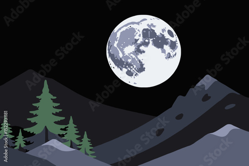 Full Moon Over Mountain Landscape Illustration - Night Sky with Trees and Mountains - Vector Art for Graphic Design and Wallpapers