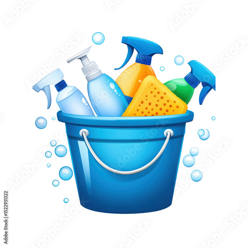 Blue plastic bucket holding multiple cleaning products and hygiene essentials

