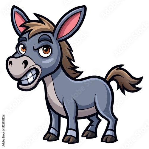 Grinning Gray Donkey Cartoon Character with Brown Mane and Tail Illustration on White