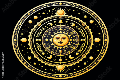 Golden Celestial Mandala Art - Sun Moon and Stars Illustration - Spiritual Design with Zodiac Symbols - Occult Astrology Image for Meditation and Wall Art Decor