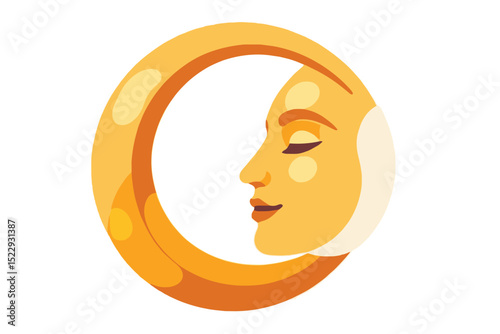 Golden Crescent Moon with Female Face Illustration- Celestial Body with Gentle Expression- Nighttime Symbolism and Design Element- Vector Image for Sleep and Dreams Projects