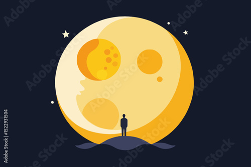 Man Gazing at a Giant Moon Illustration - Night Sky with Stars and Planets - Serene Lunar Landscape with a Lonely Figure - Space Art and Conceptual Imagery