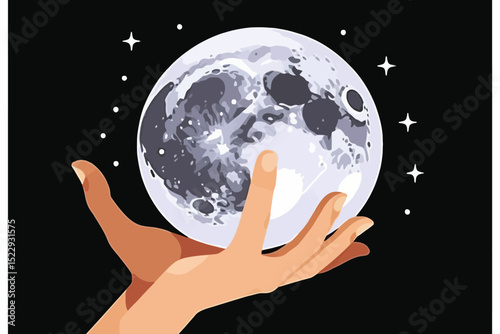 Holding the Moon Illustration-Magical Night Sky-Celestial Art with Hands-Moon Phases and Stars-Mystical Lunar Design-Perfect for Astrology Lovers