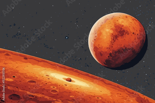 Mars Landscape Illustration - Red Planet Surface - View of Mars from Space with Starry Background - Explore the Martian World in Detail